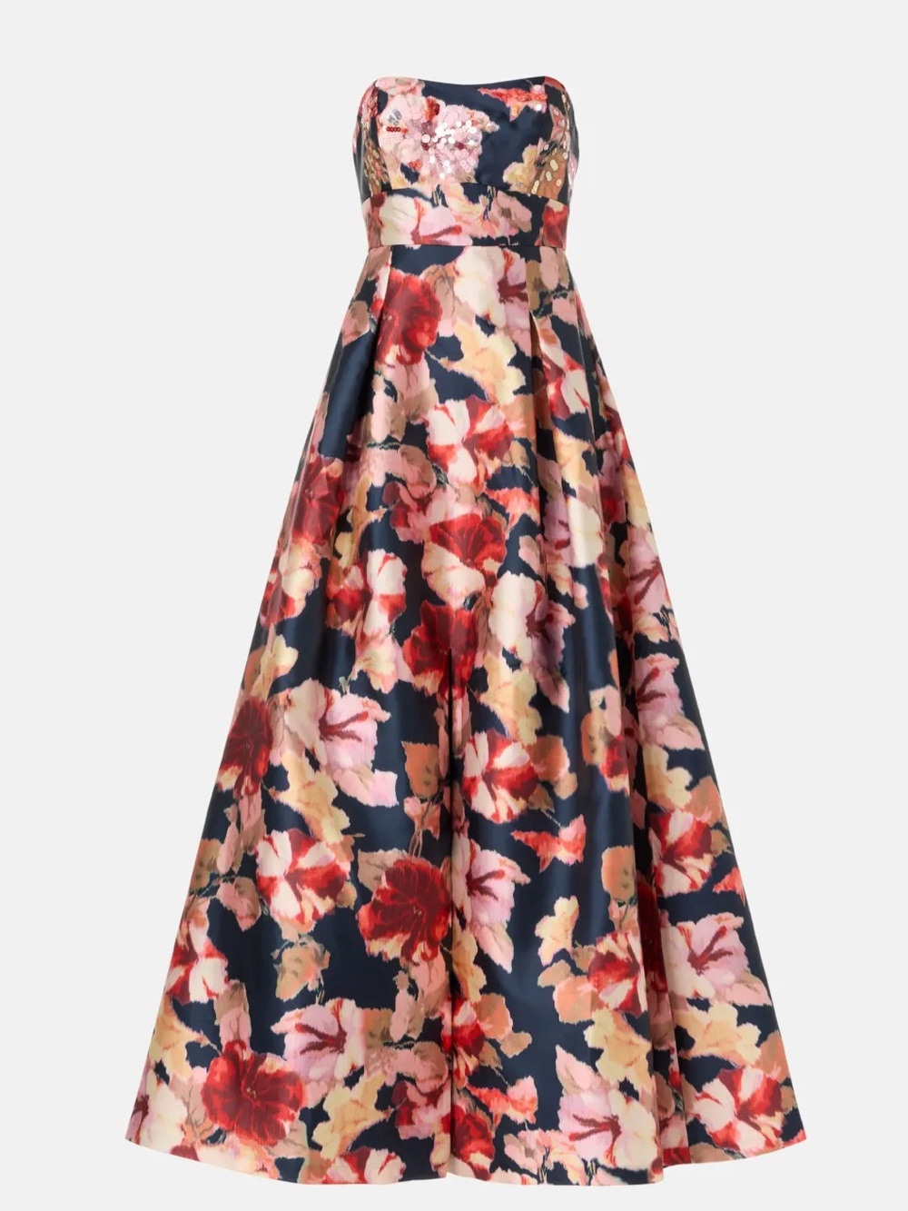 Sachin + Babi Navy Strapless Floral Ball Gown with Red, Pink, and Cream Blooms